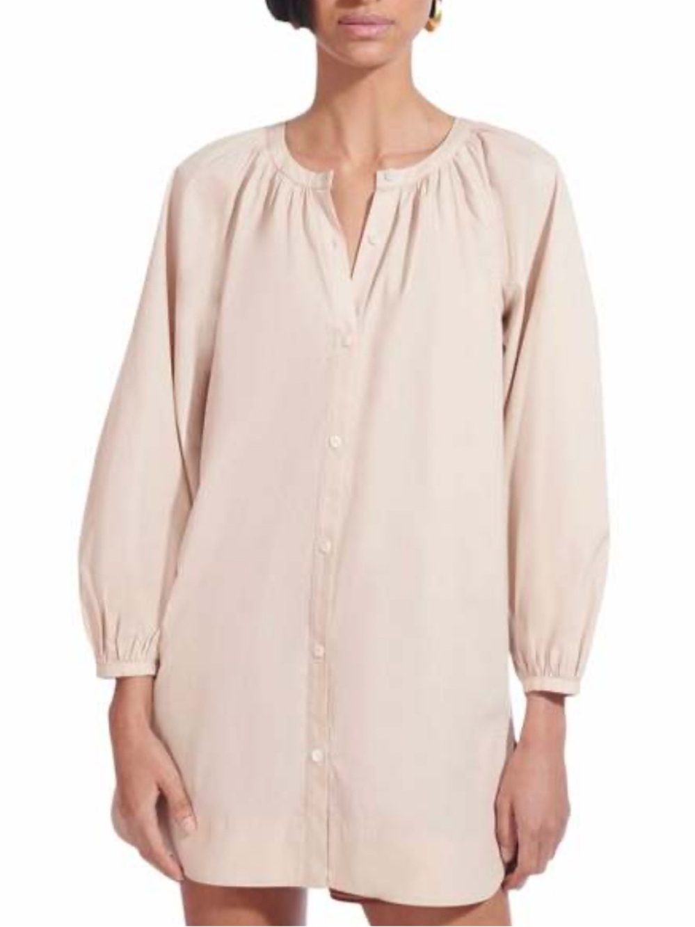 Staud Vincent Tunic Mini Tan Button Down Dress size medium Balloon Sleeve